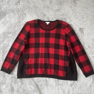 J Jill Red Plaid Sweater Top Womens Small Petite Checked Shirt Wool Blend Blouse